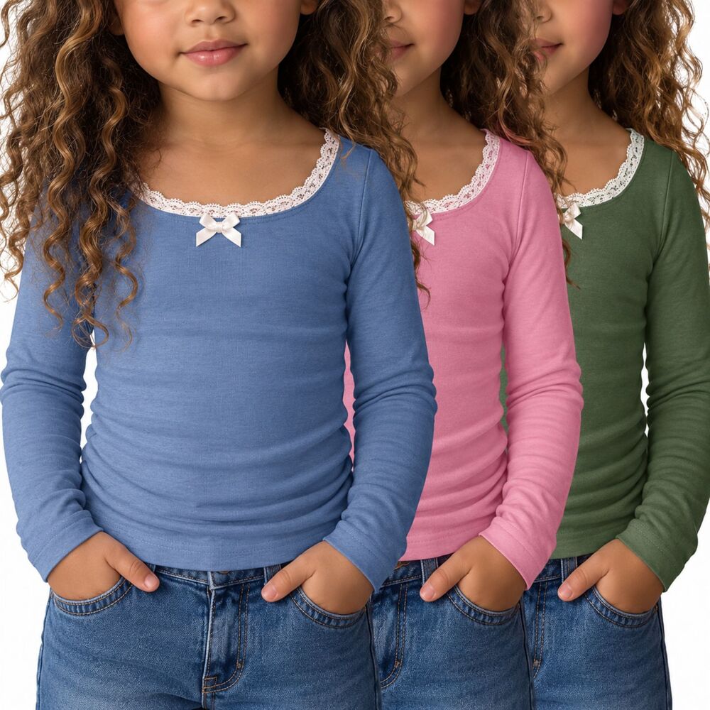 3 Pack Toddler Girls Long Sleeve Lace Trim Shirts Ruched Side Bow Tops Size 2T